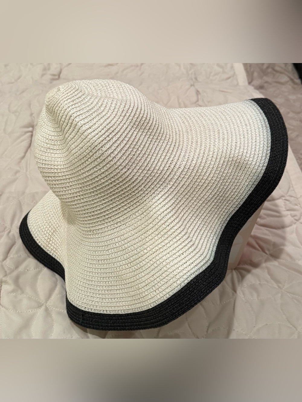 White Wide Brim Paper Sun Hat with Black Trim | One Size